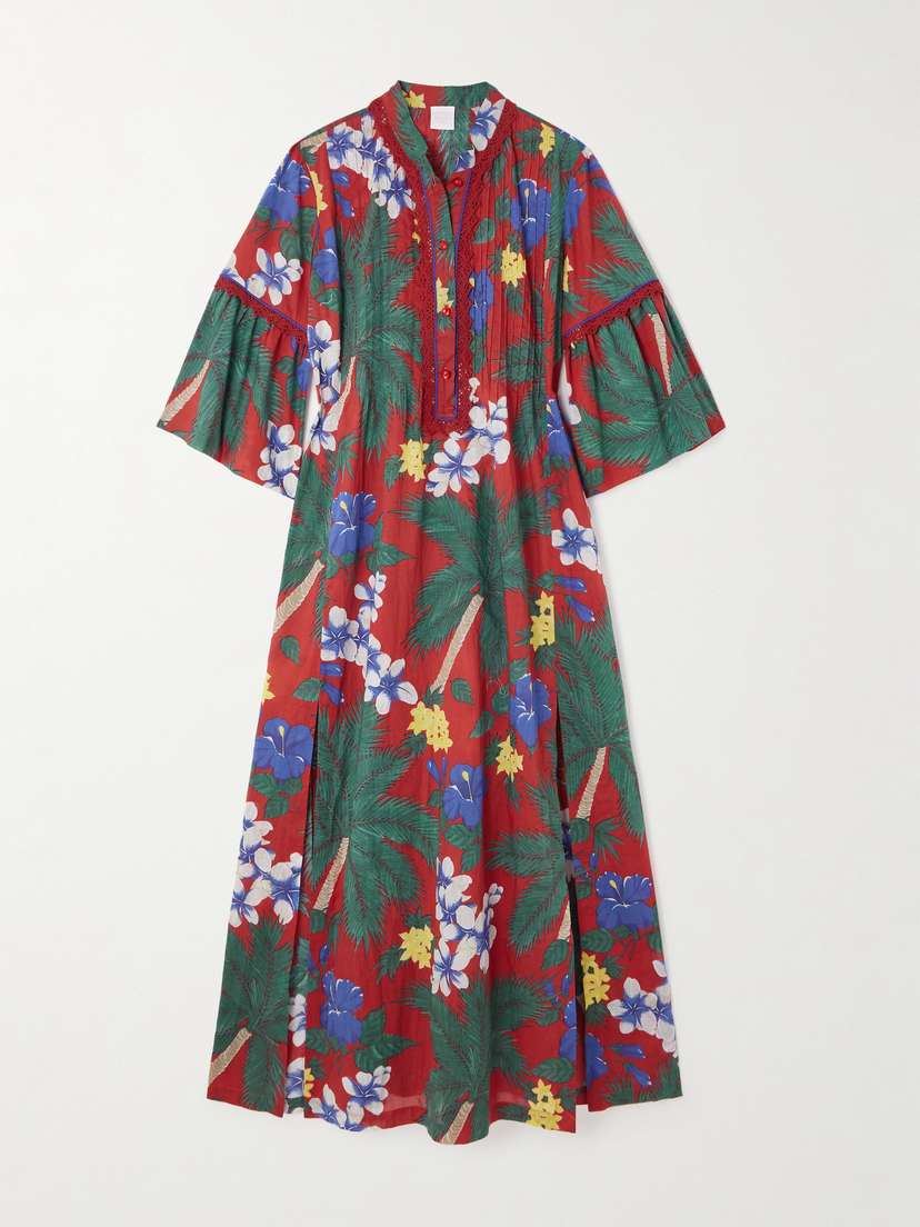 Loretta Caponi Alicante Lace-trimmed Pintucked Floral-print Cotton Midi Dress