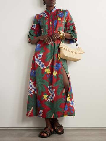 Loretta Caponi Alicante lace-trimmed pintucked floral-print cotton midi dress