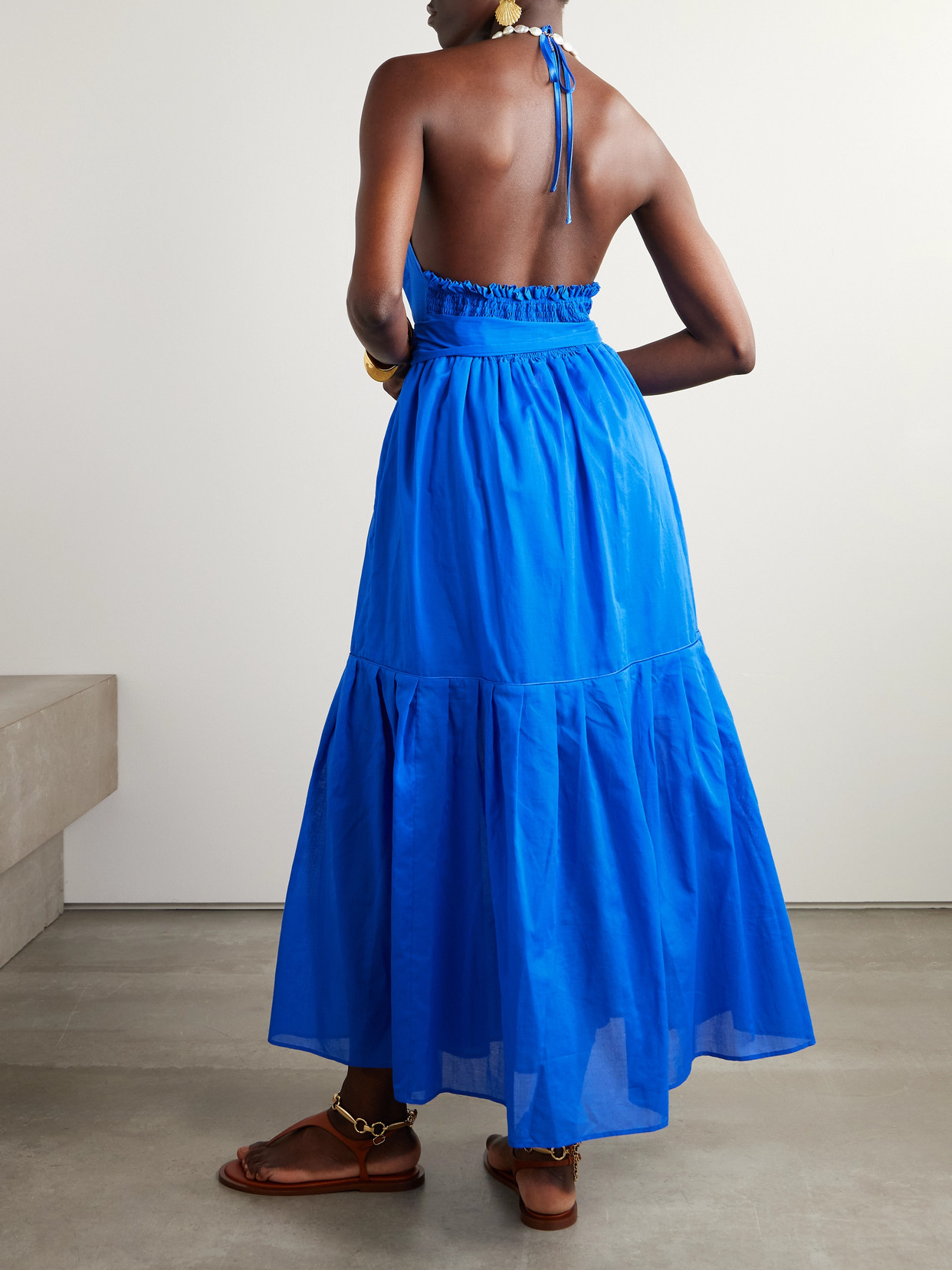 Loretta Caponi Patmos Belted Tiered Cotton-poplin Halterneck Maxi Dress In Blue