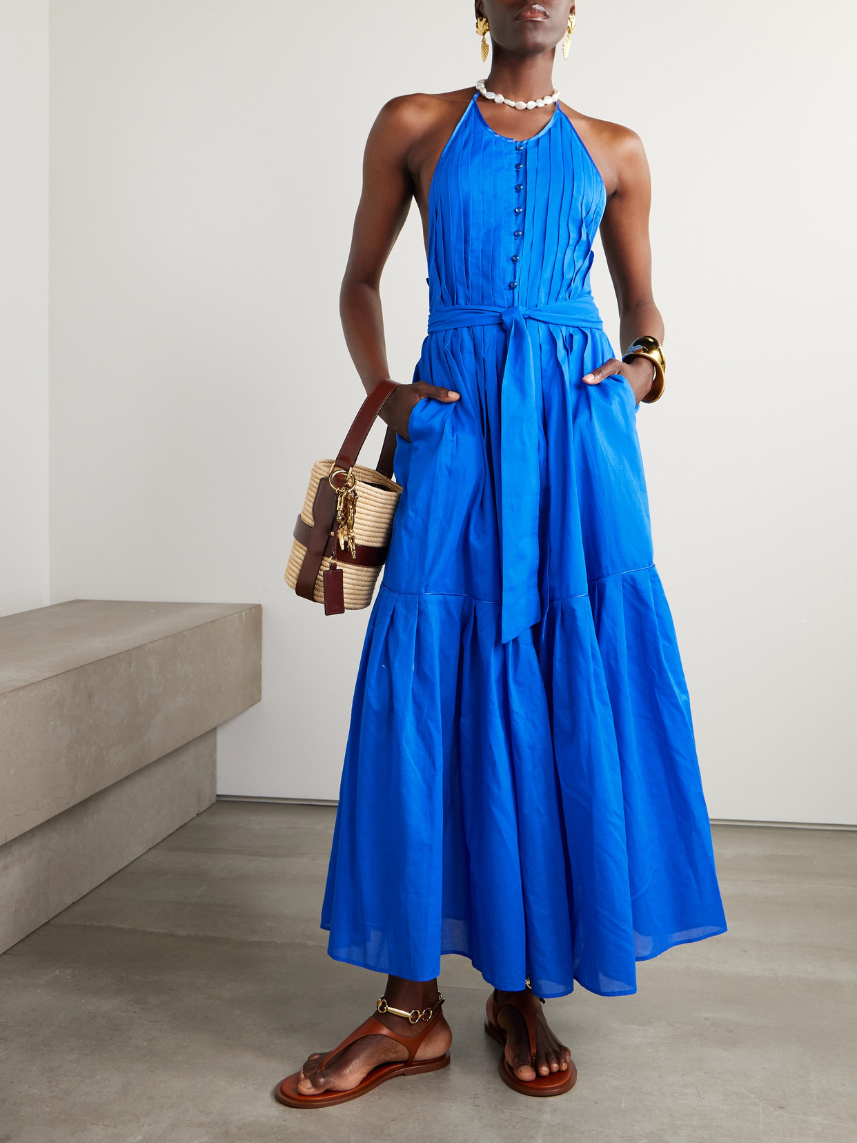 Loretta Caponi Patmos Belted Tiered Cotton-poplin Halterneck Maxi Dress In Blue