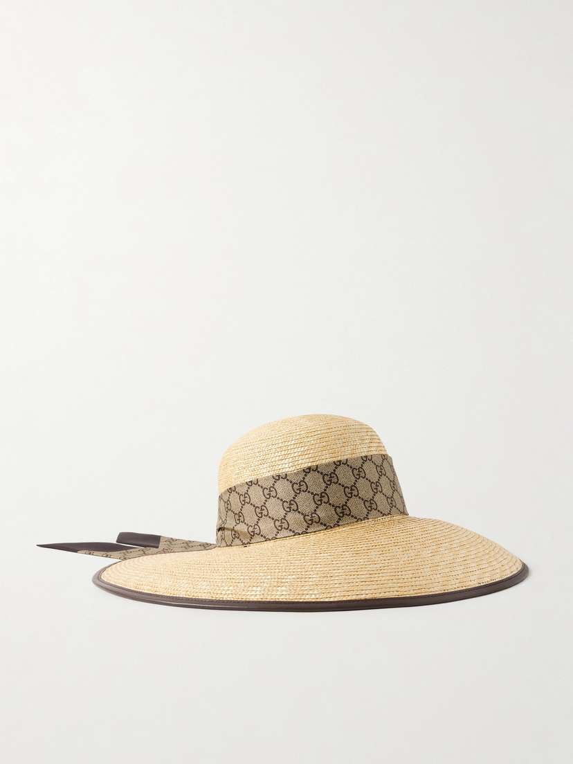 Gucci tephie Leather And Printed Twill-trimmed traw unhat