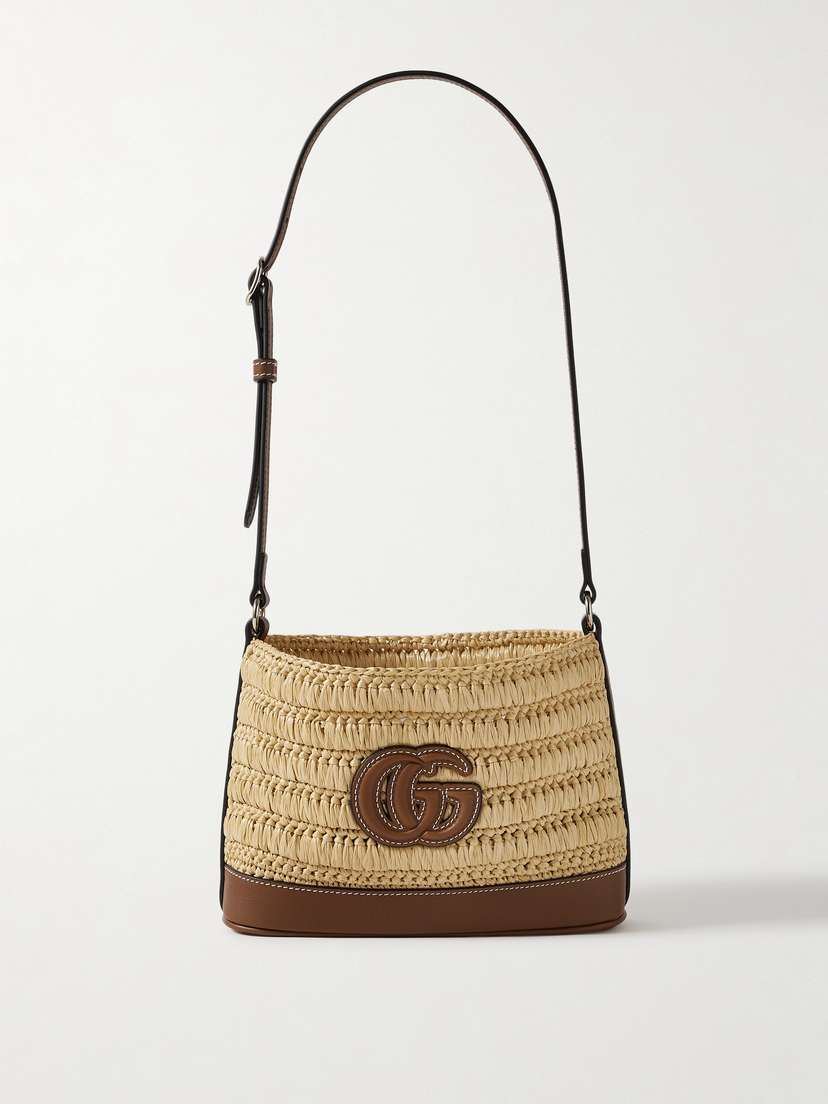 Gucci Mini Appliquéd Leather-trimmed Raffia Shoulder Bag