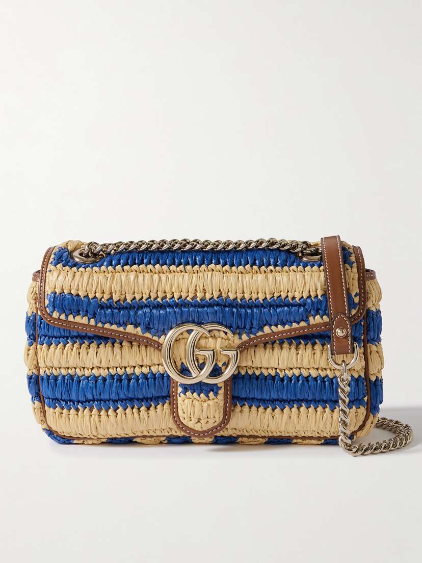 Gucci Gg Marmont 2.0 Leather-trimmed Striped Raffia Shoulder Bag