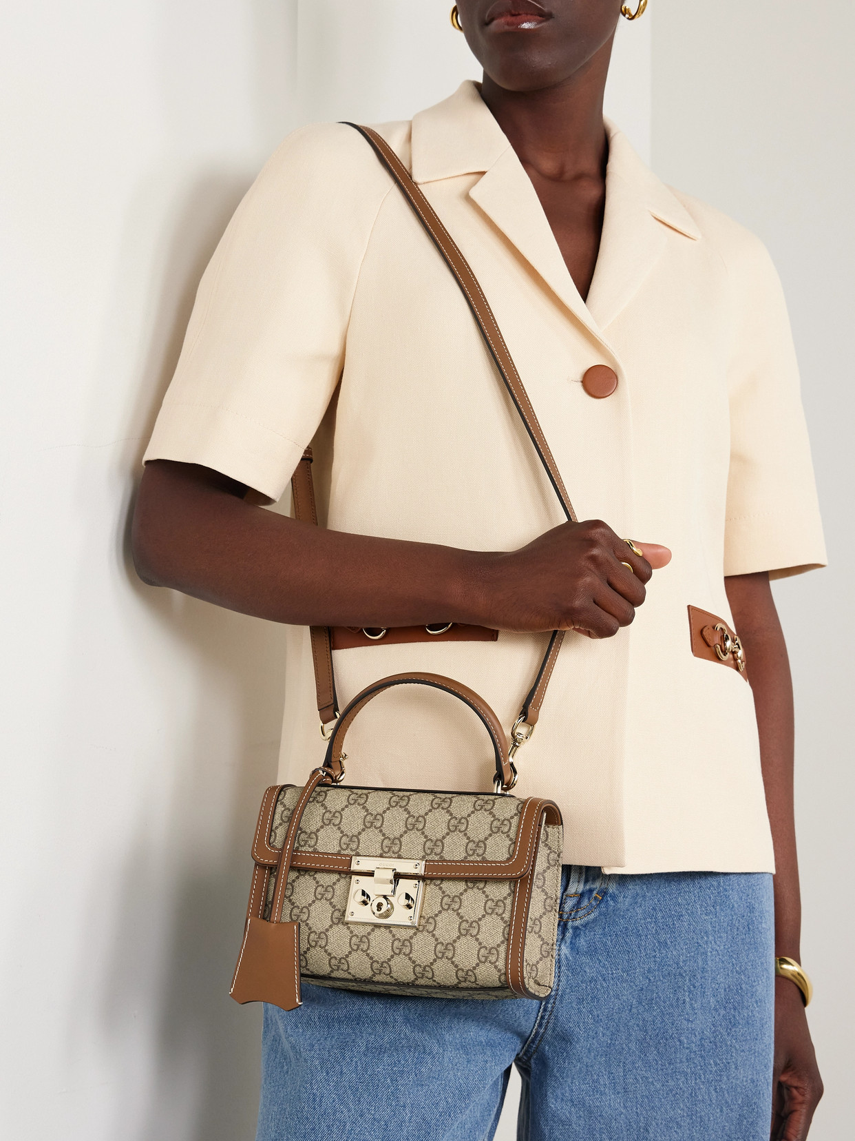 Padlock Small Leather-Trimmed Coated Canvas-Jacquard Tote