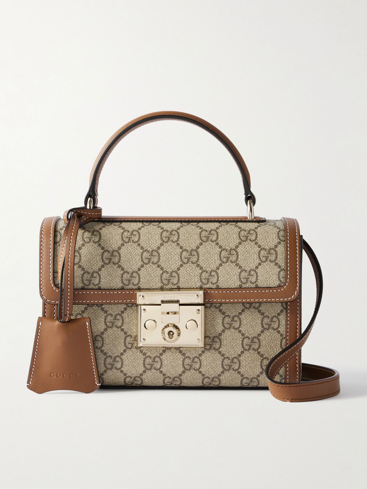 Padlock small leather-trimmed coated canvas-jacquard tote