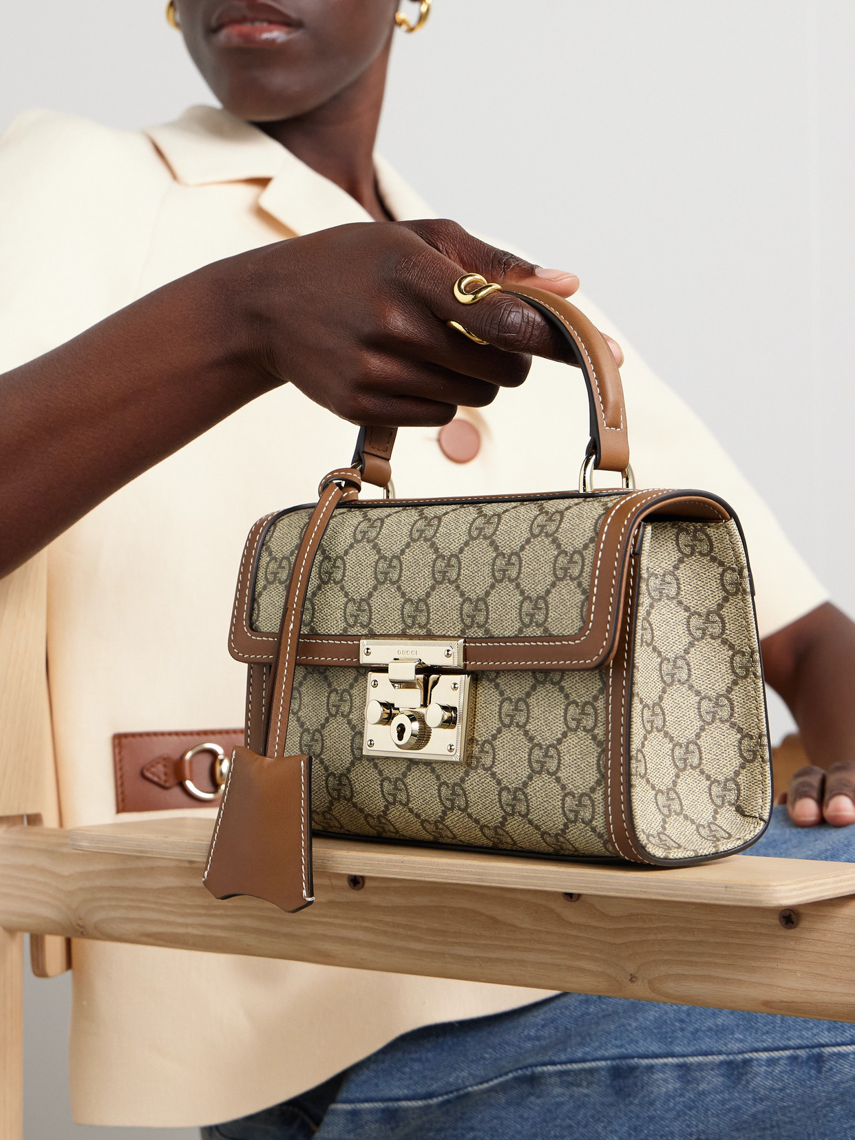 Padlock Small Leather-Trimmed Coated Canvas-Jacquard Tote