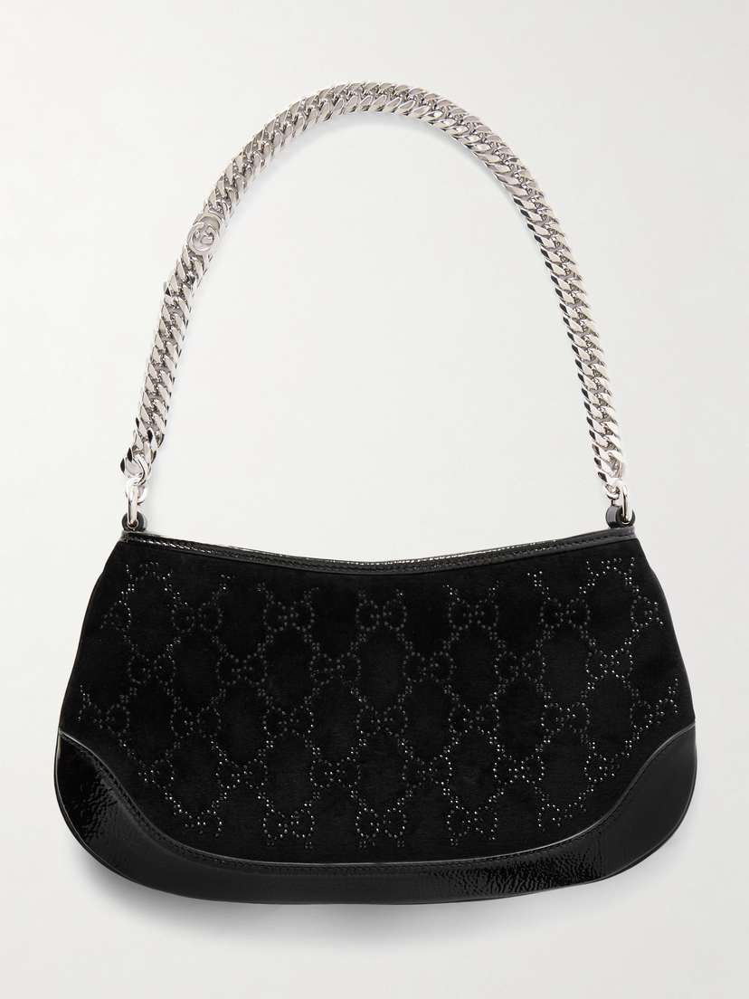 Gucci Patent Leather-trimmed Crystal-embellished Velvet Shoulder Bag
