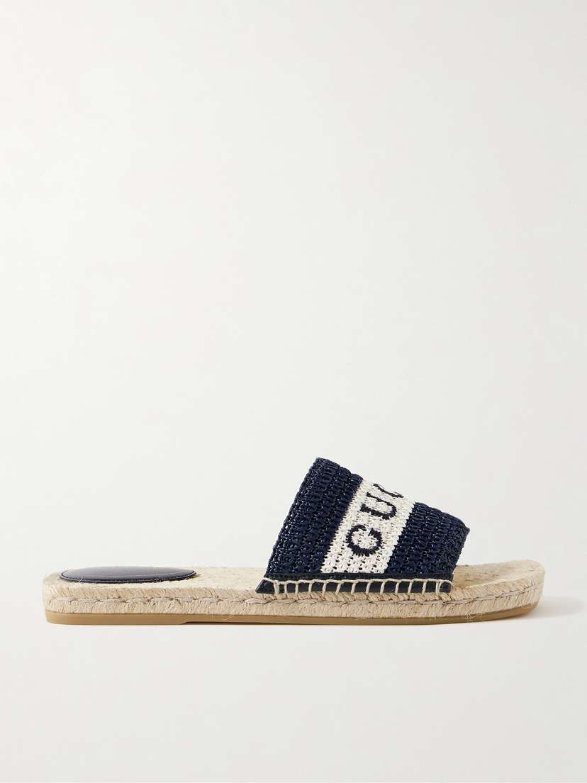 Gucci Numa Embroidered Striped Raffia Slides