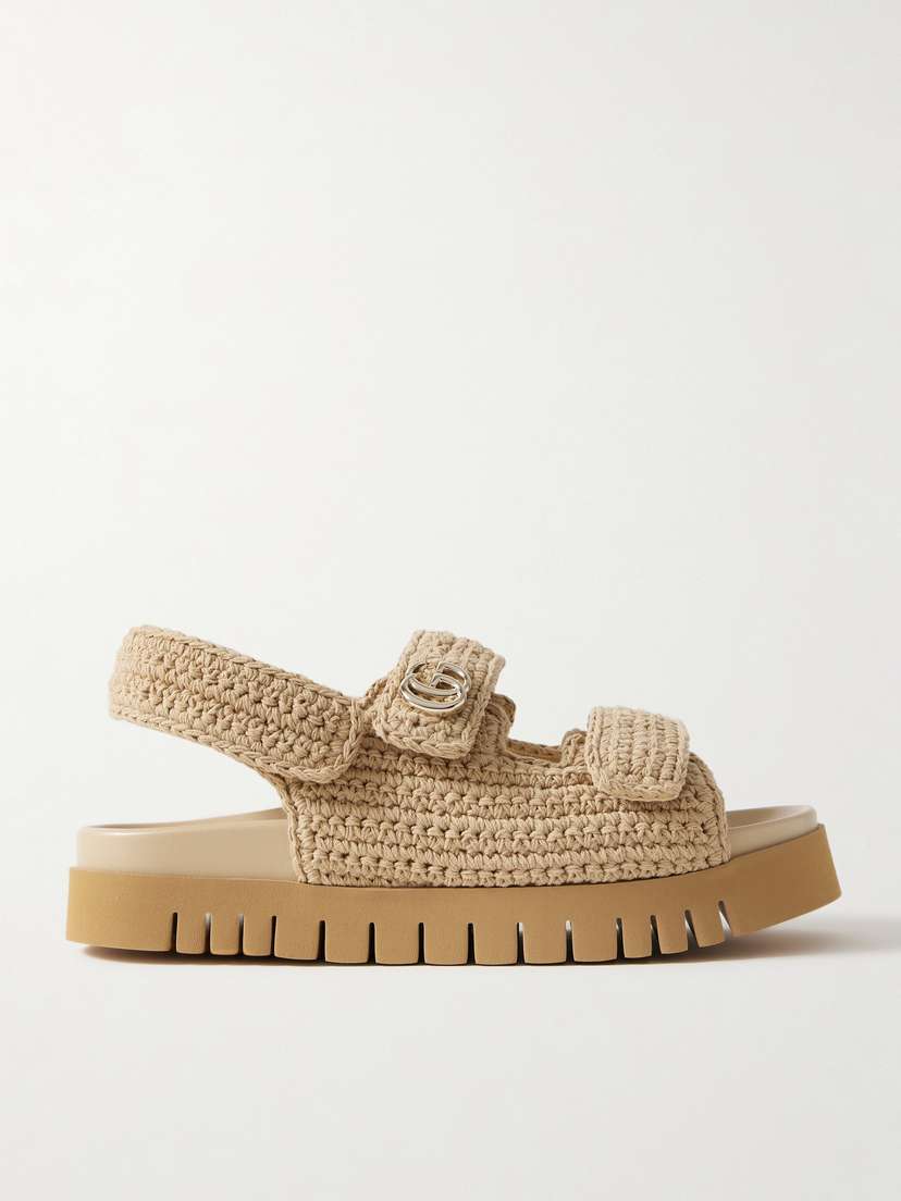 Gucci New Marmont Leather-trimmed Embellished Crocheted Cotton Platform Sandals
