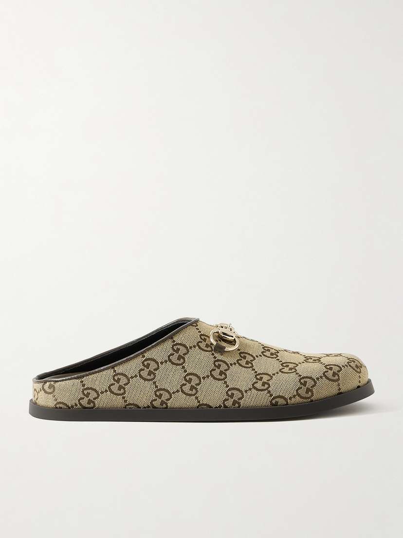 Gucci New Sol Horsebit-detailed Leather-trimmed Canvas-jacquard Slippers