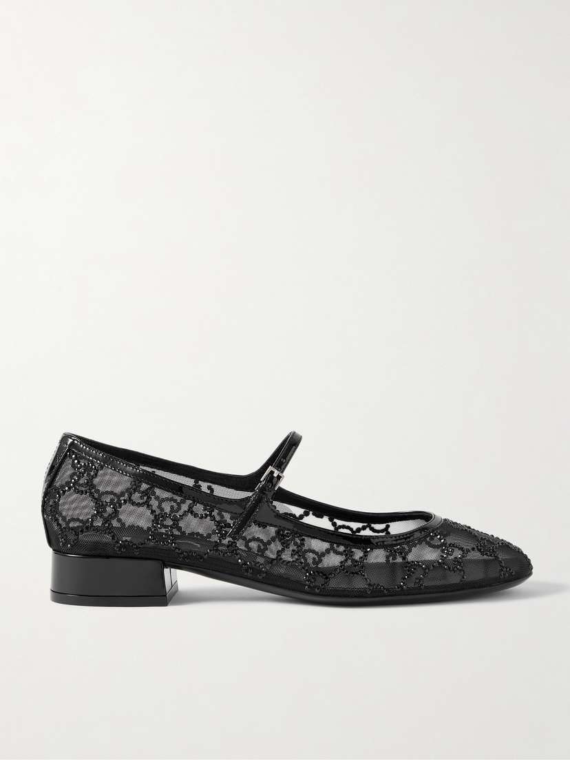 Gucci Charline Patent Leather-trimmed Crystal-embellished Mesh Mary Jane Pumps