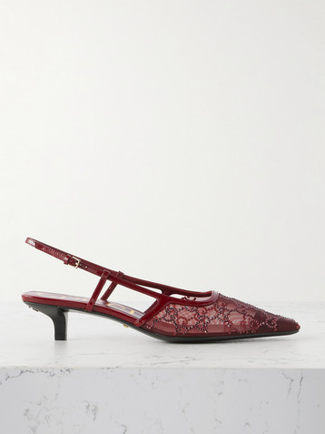 Gucci Demi patent leather-trimmed crystal-embellished mesh slingback pumps