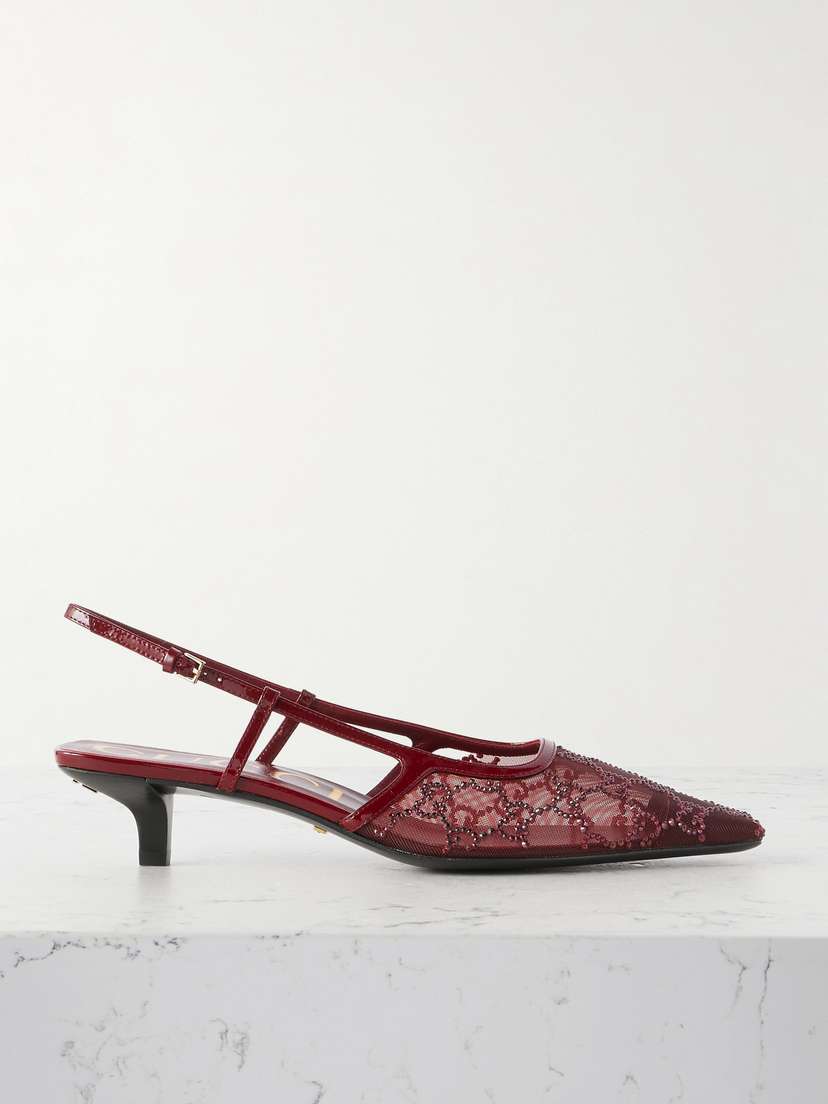 Gucci Demi Patent Leather-trimmed Crystal-embellished Mesh Slingback Pumps