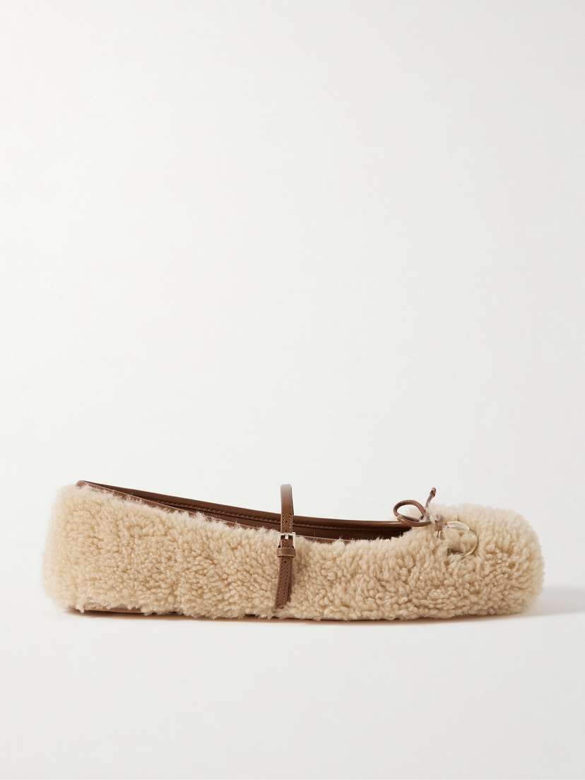 Gucci Horsebit Ballerina Leather-trimmed Shearling Flats