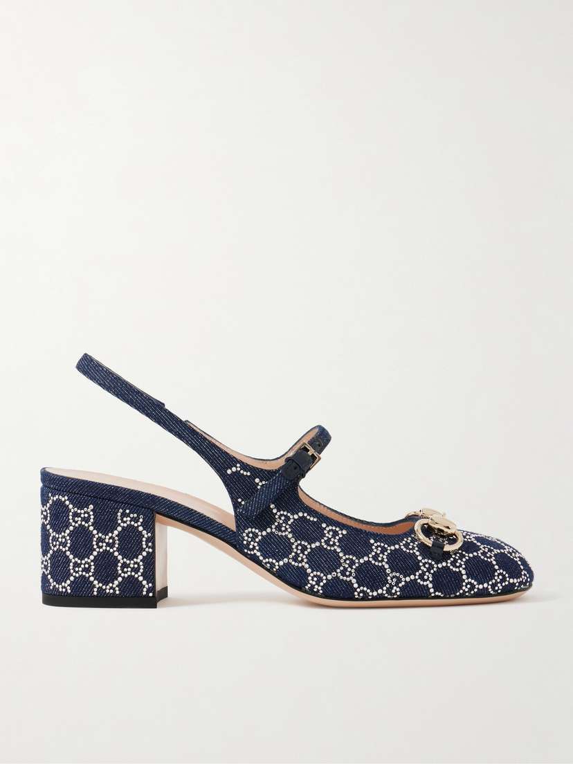 Gucci Lady Horsebit-detailed Crystal-embellished Denim Mary Jane Pumps