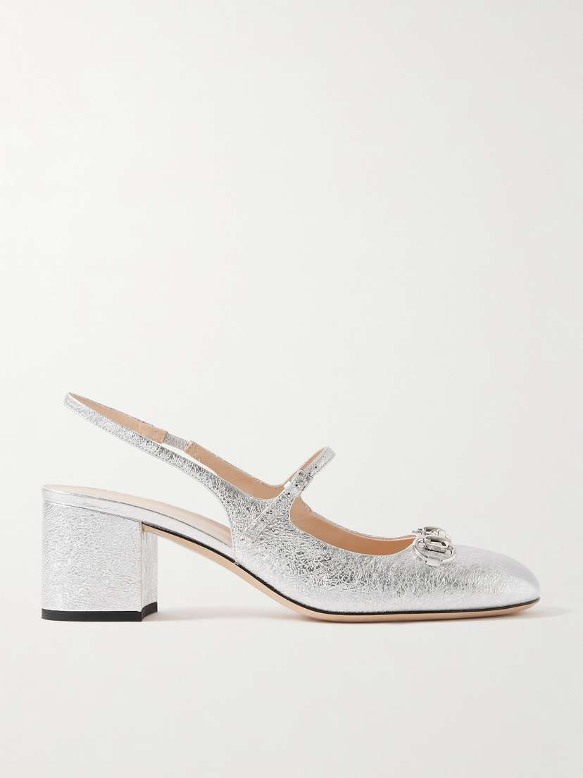 Gucci Lady Horsebit-detailed Metallic Crinkled-leather Mary Jane Pumps