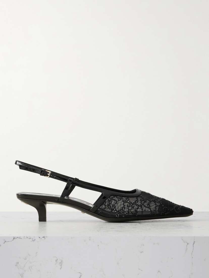 Gucci Demi Patent Leather-trimmed Crystal-embellished Mesh Slingback Pumps