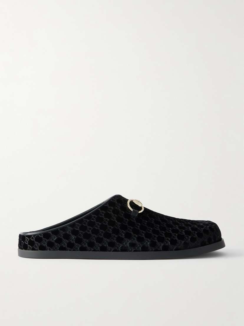 Gucci New Sol Horsebit-detailed Leather-trimmed Velvet Slippers