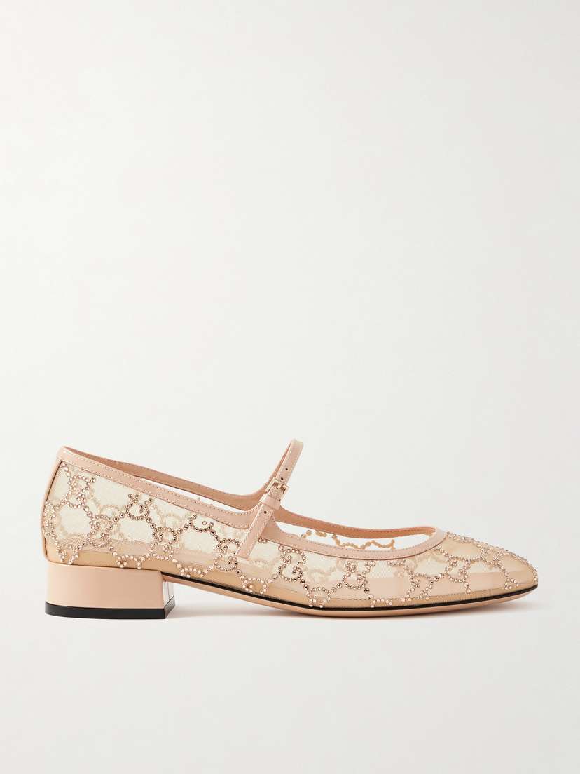 Gucci Charline Patent Leather-trimmed Crystal-embellished Mesh Mary Jane Pumps