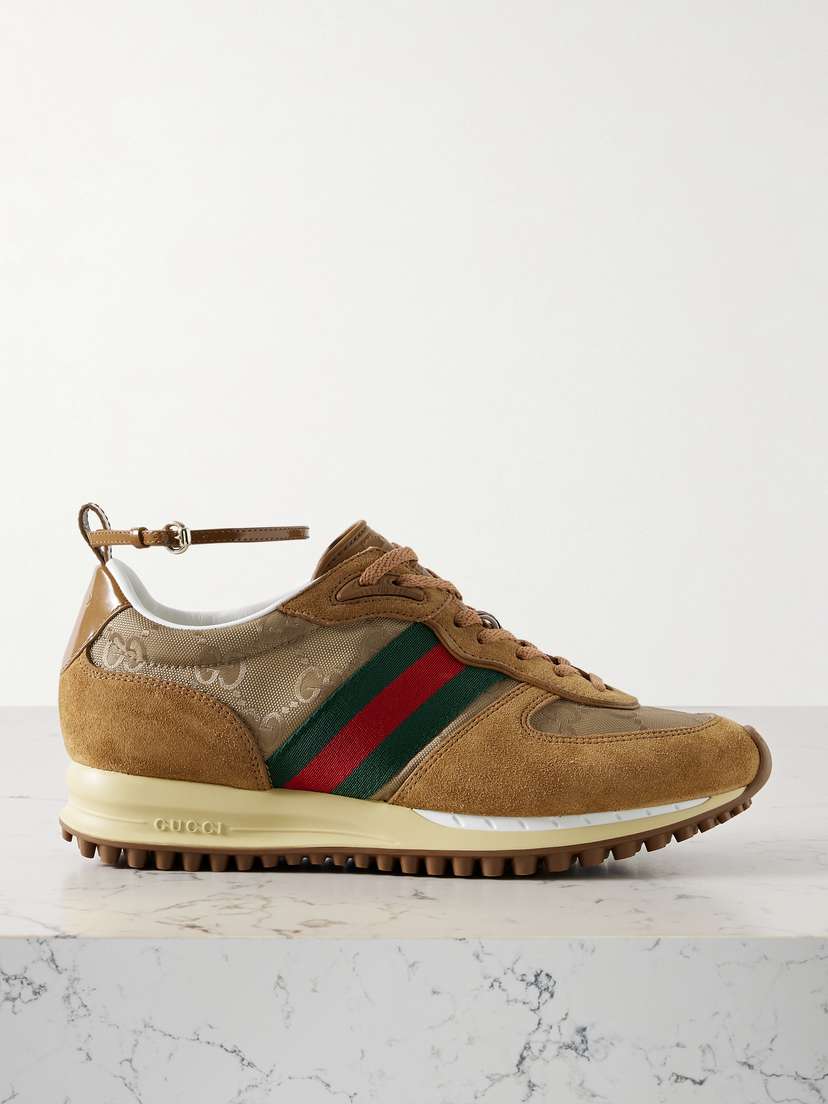 Gucci Re-motion Webbing And Leather-trimmed Suede And Canvas-jacquard Sneakers