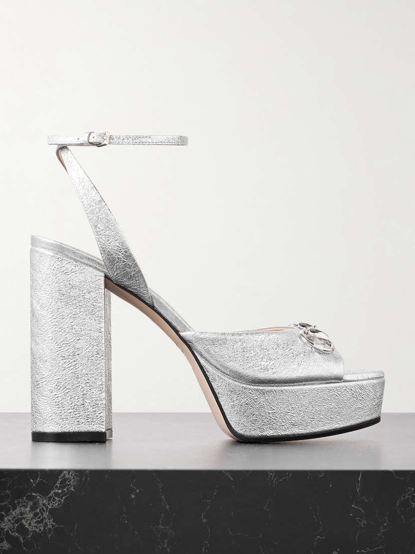Gucci Lady Horsebit-detailed Metallic Crinkled-leather Platform Sandals