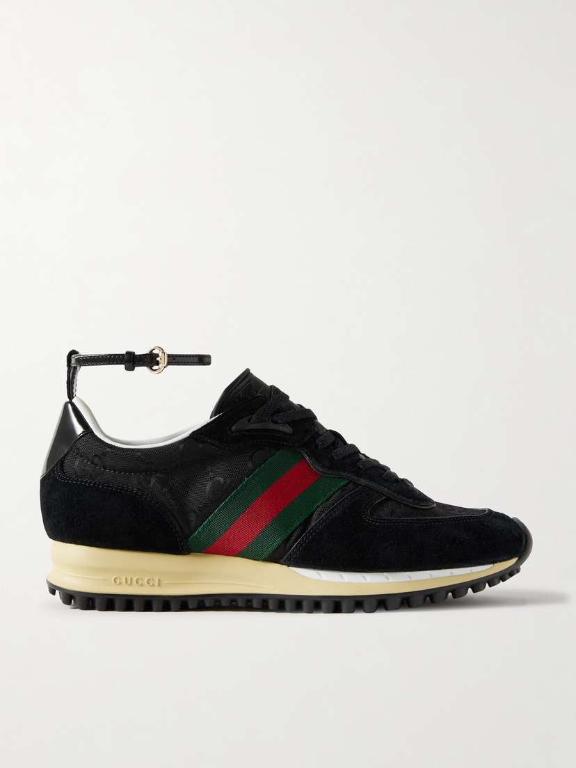 Gucci Re-motion Webbing And Leather-trimmed Suede And Canvas-jacquard Sneakers