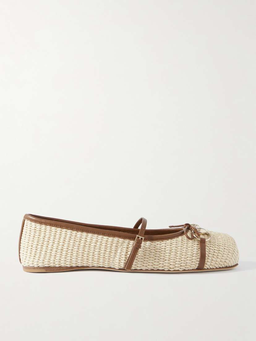Gucci Horsebit Ballerina Leather-trimmed Raffia Flats