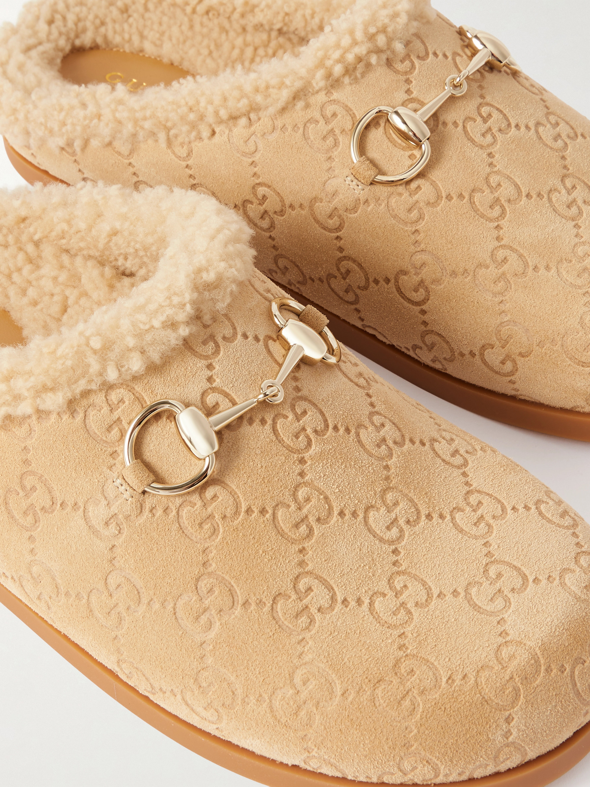 Gucci Sol horsebit-detailed debossed shearling mules
