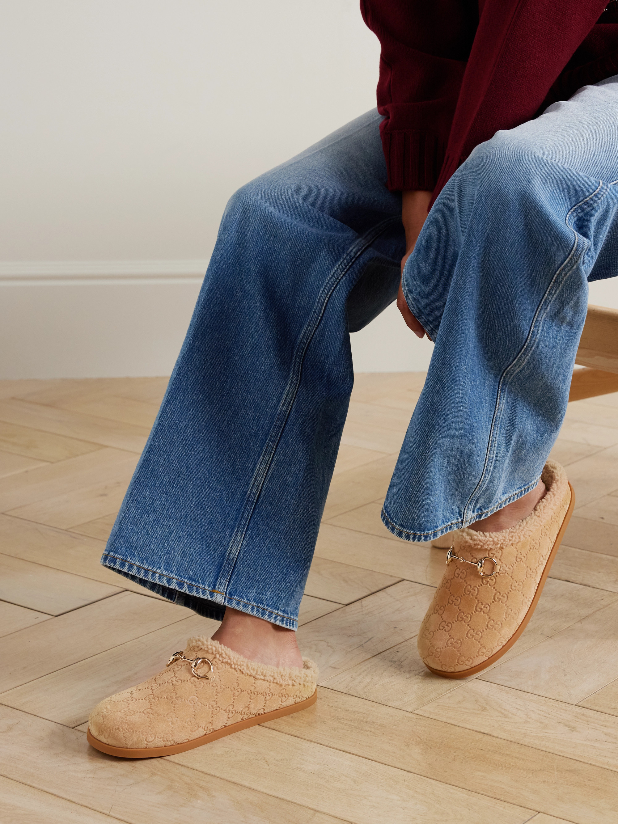Gucci Sol horsebit-detailed debossed shearling mules