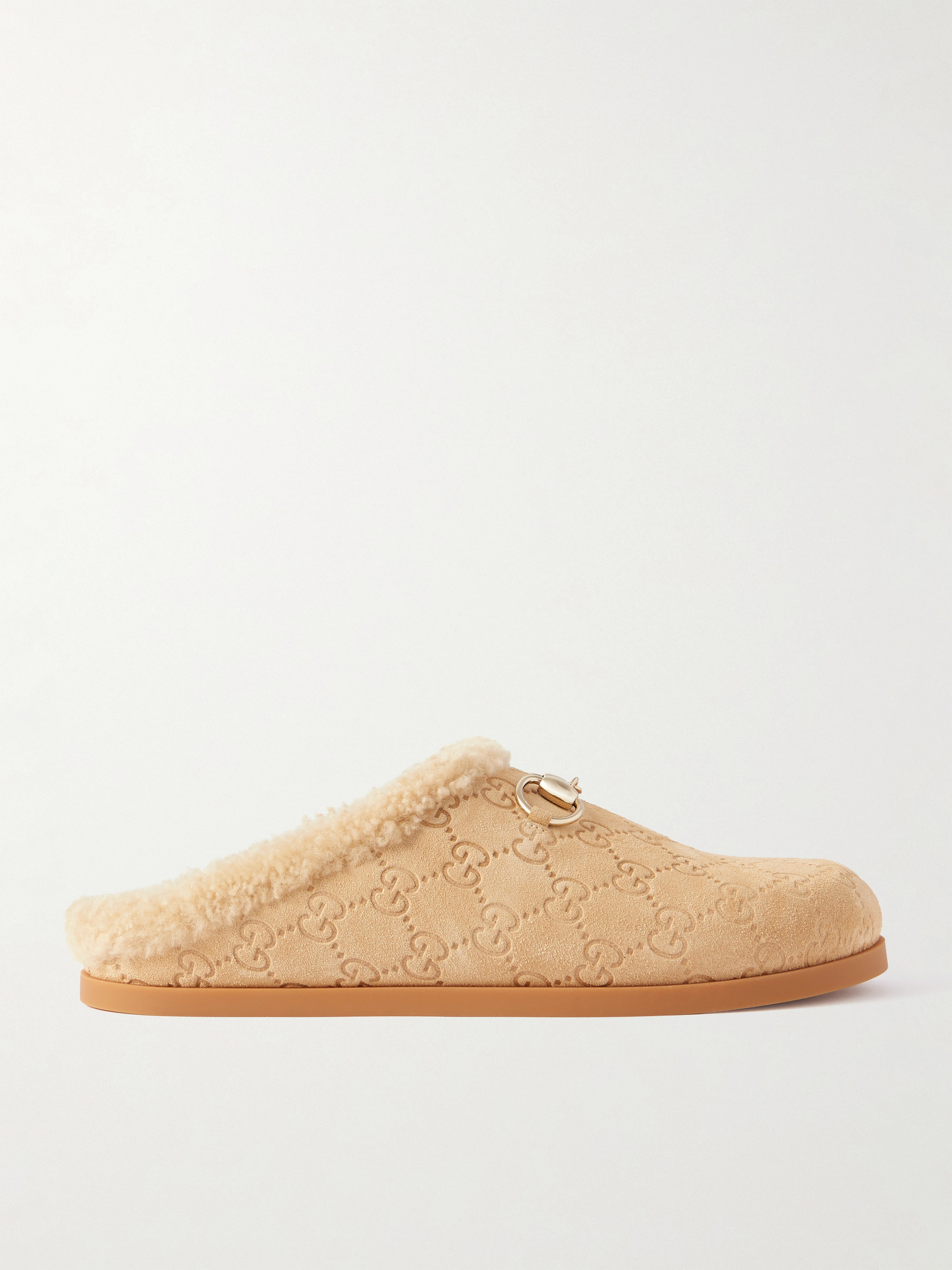 Gucci Sol horsebit-detailed debossed shearling mules