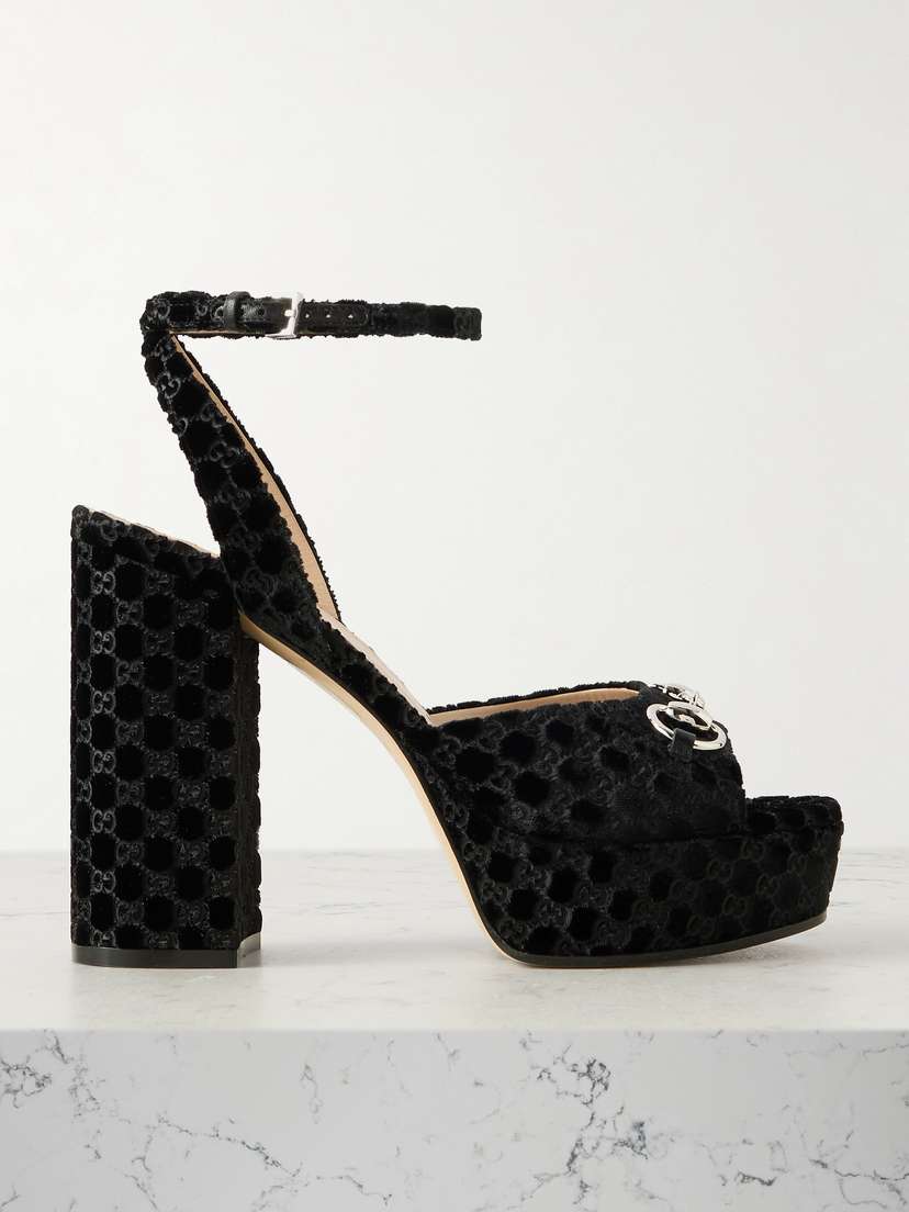 Gucci Lady Horsebit-detailed Velvet-jacquard Platform Sandals