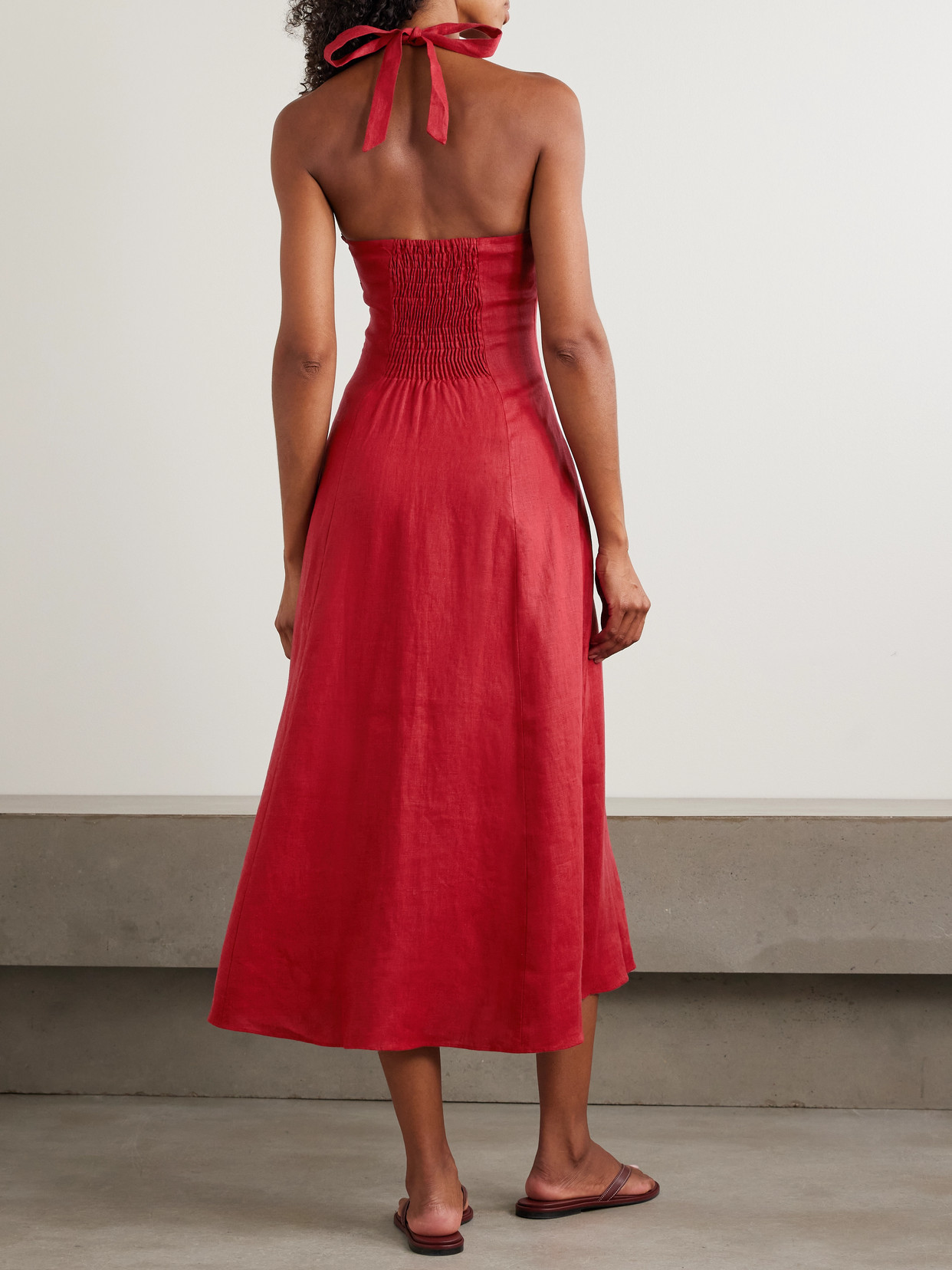 Faithfull Marais Linen Halterneck Midi Dress In Red