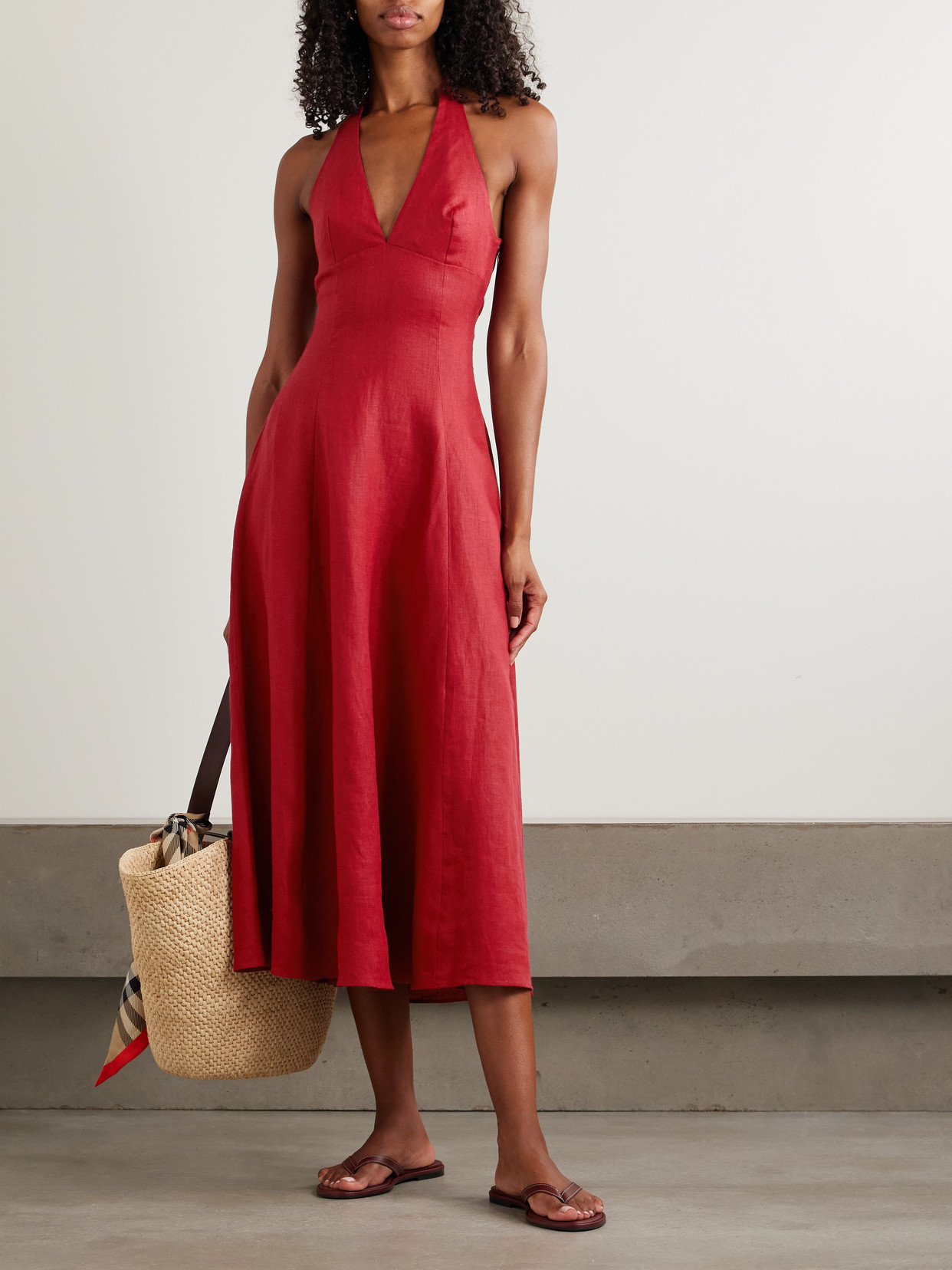 Faithfull Marais Linen Halterneck Midi Dress In Red