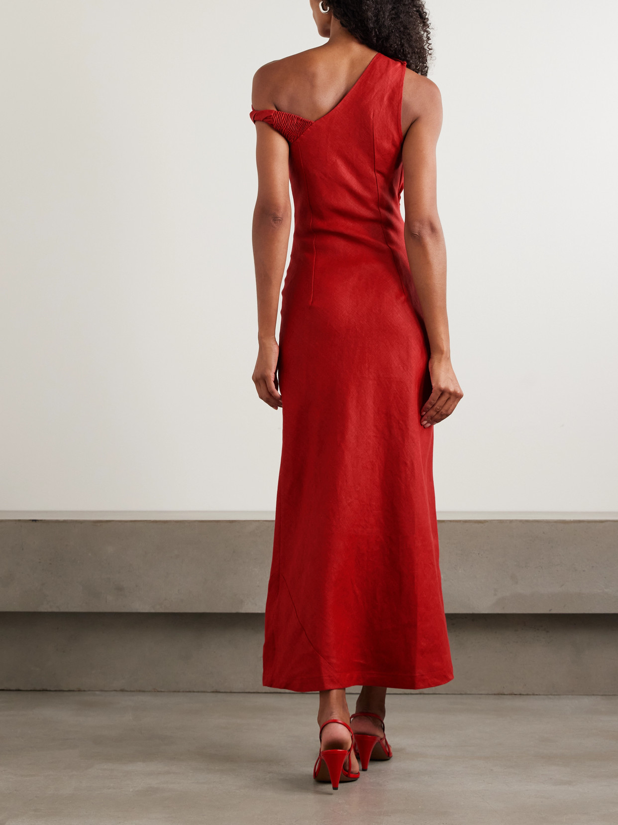 Faithfull Suis Off-the-shoulder Draped Linen Midi Dress In Red