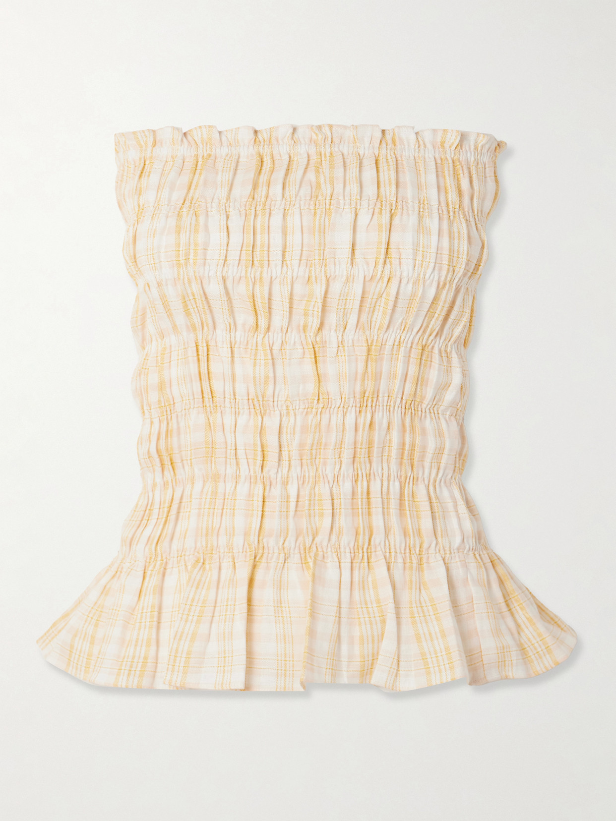 Faithfull Iris Strapless Shirred Checked Linen Top
