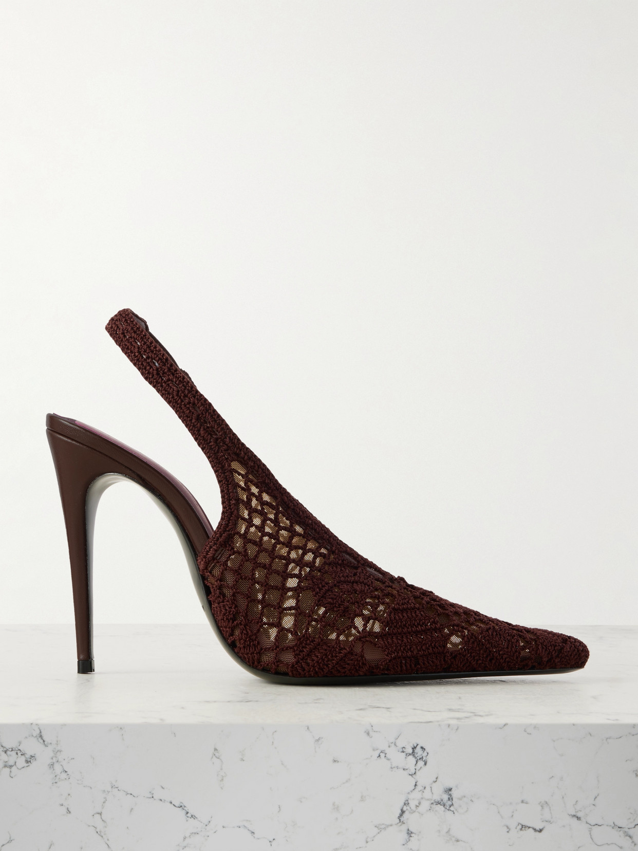 Magda Butrym Leather-trimmed Crocheted Mesh Slingback Pumps In Brown