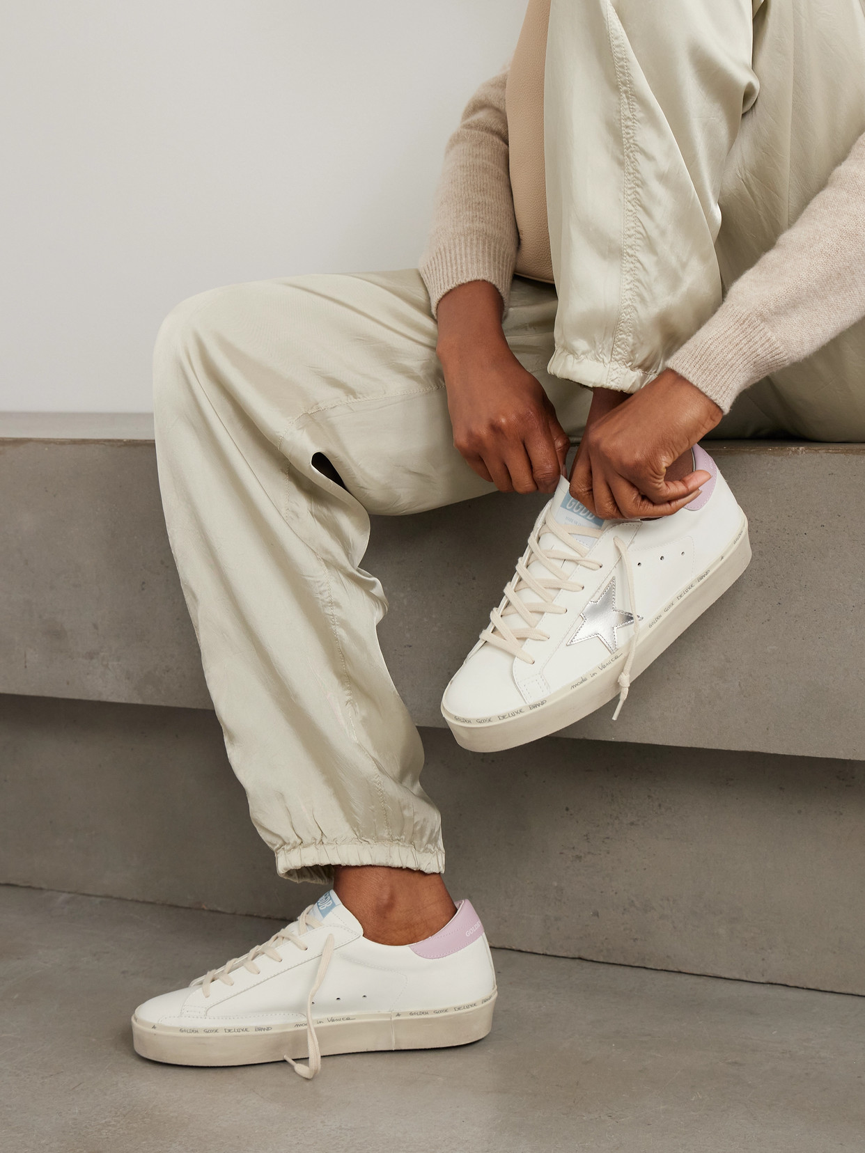Golden Goose Hi Star Distressed Leather Sneakers In White