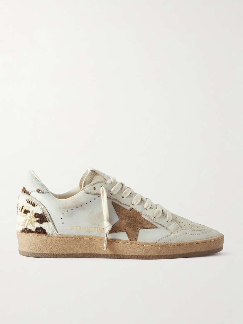 Golden Goose Ball Star Calf Hair And Suede-trimmed Distressed Leather Sneakers