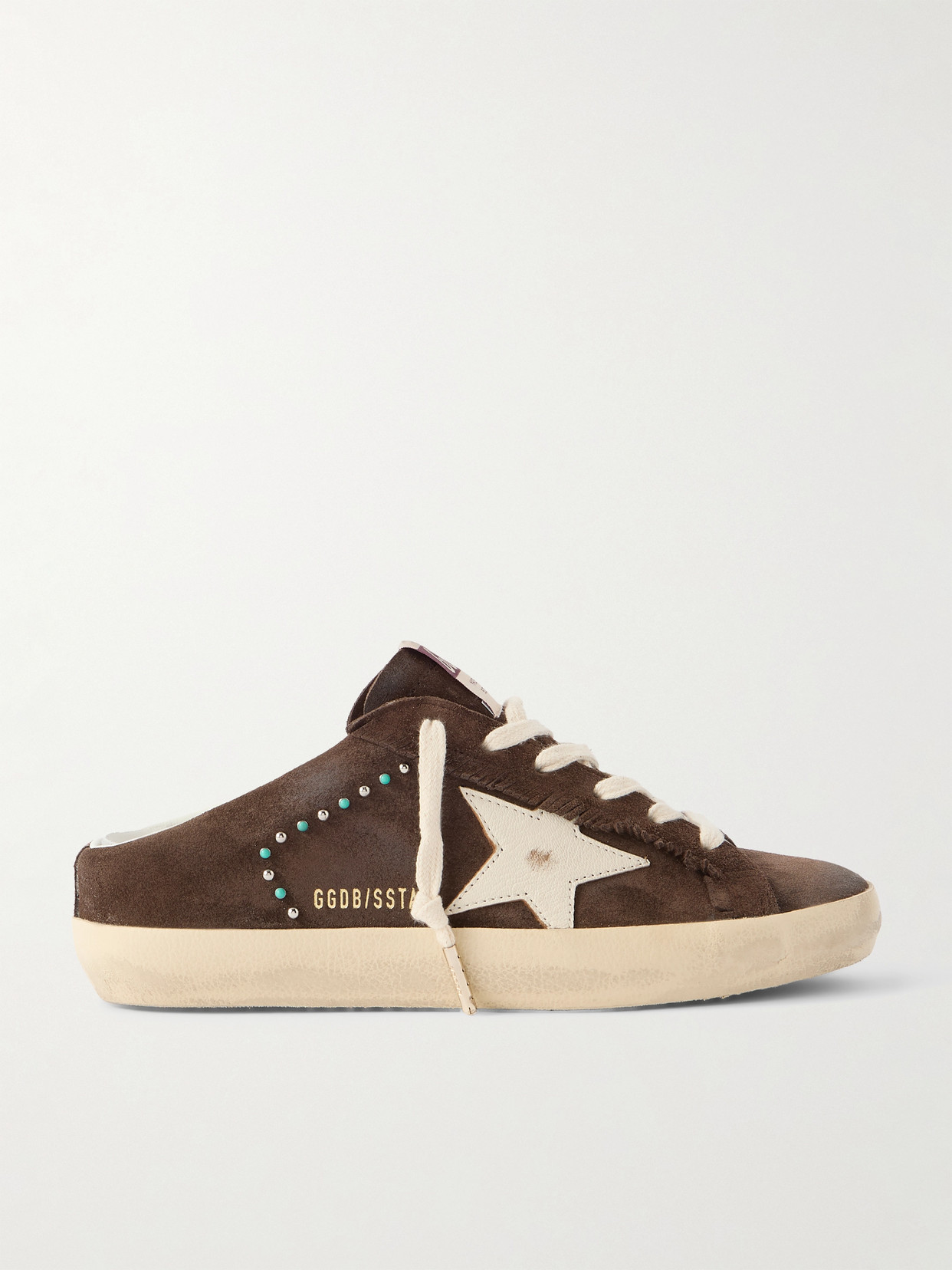 Golden Goose Super-star Sabot Distressed Leather-trimmed Studded Suede Slip-on Sneakers In Brown