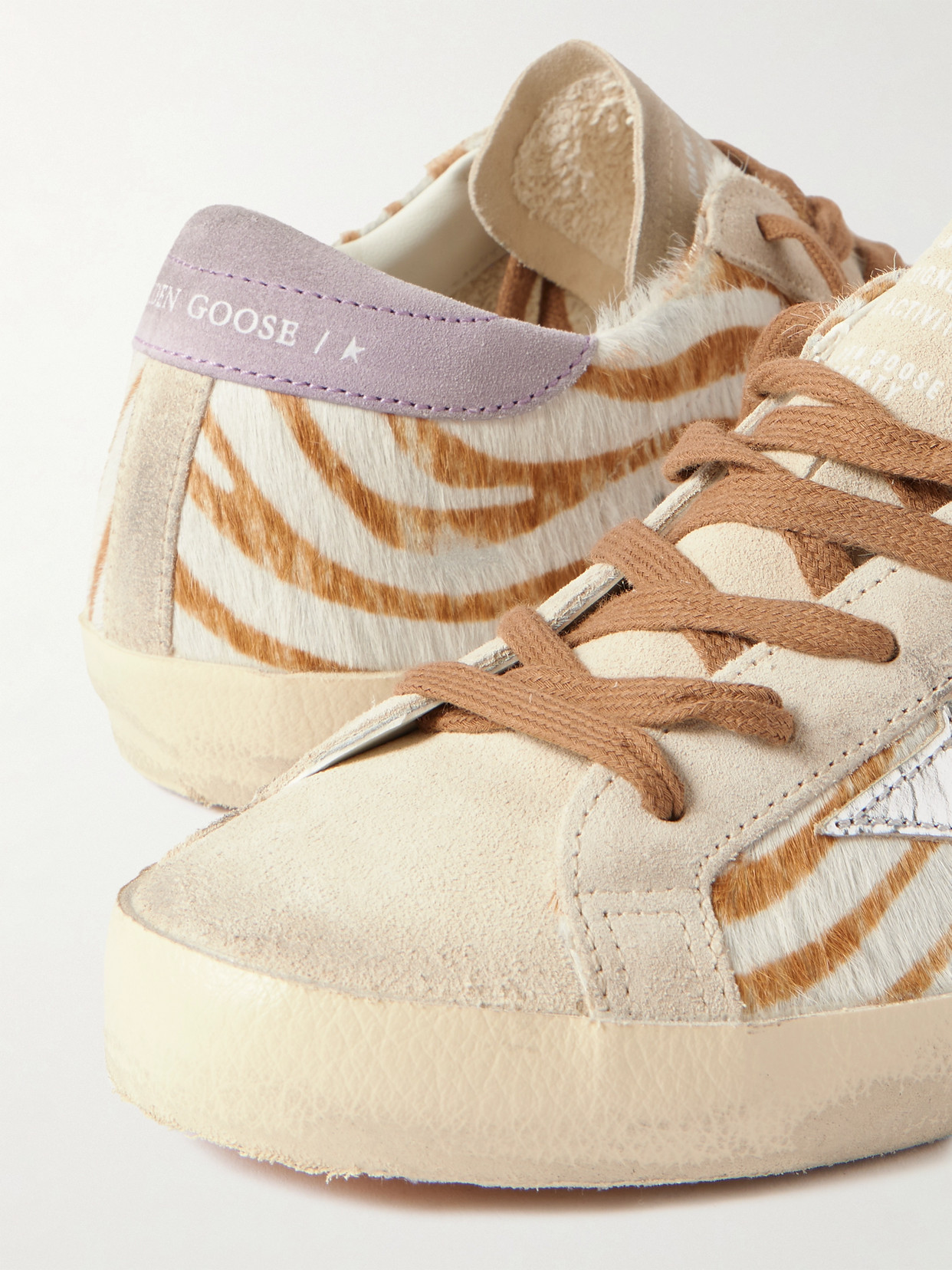 Shop Golden Goose Super-star Distressed Metallic Leather And Suede-trimmed Zebra-print Calf Hair Sneakers