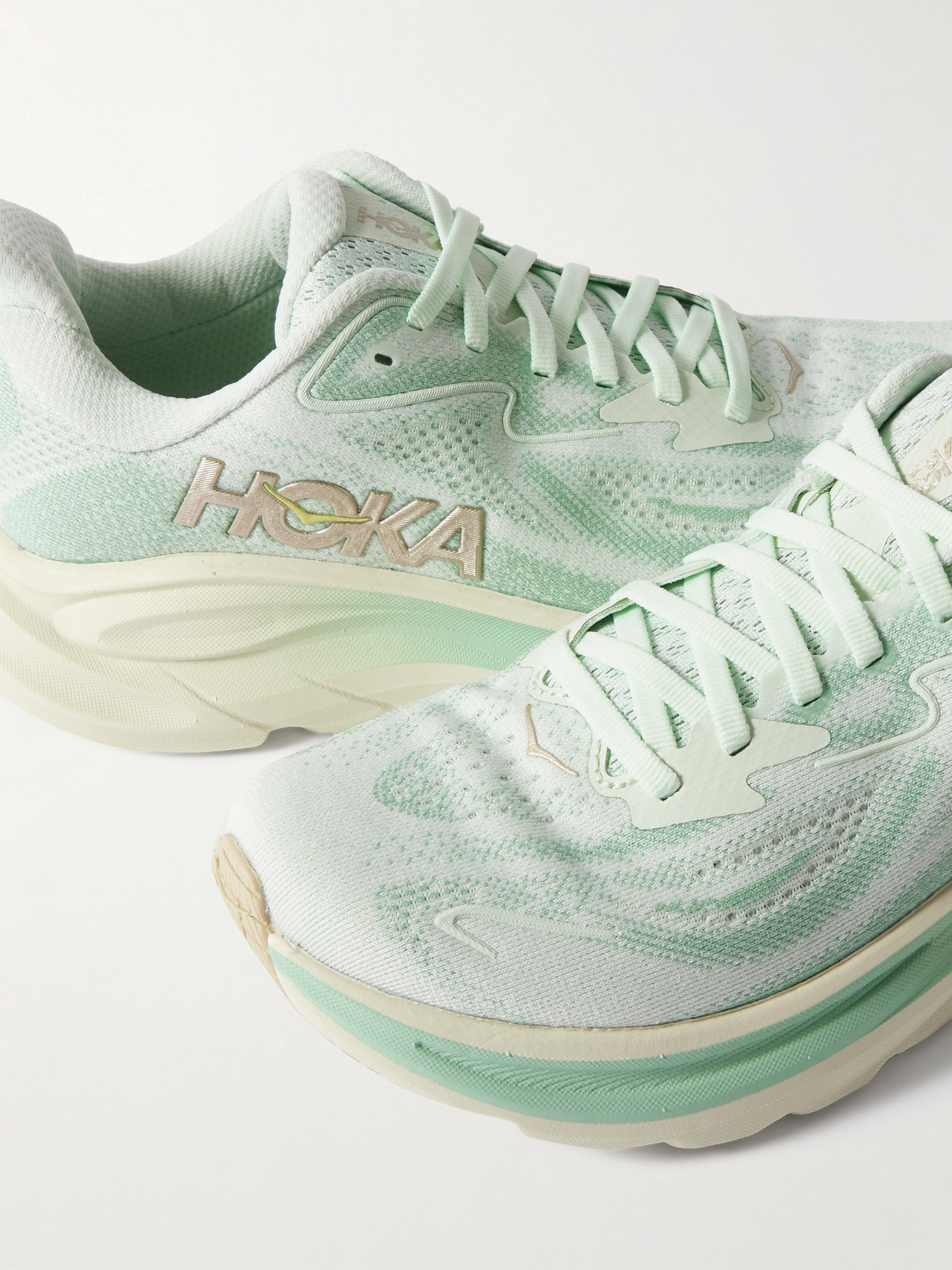 Hoka Clifton 10 Rubber-trimmed Jacquard-mesh Sneakers In Green