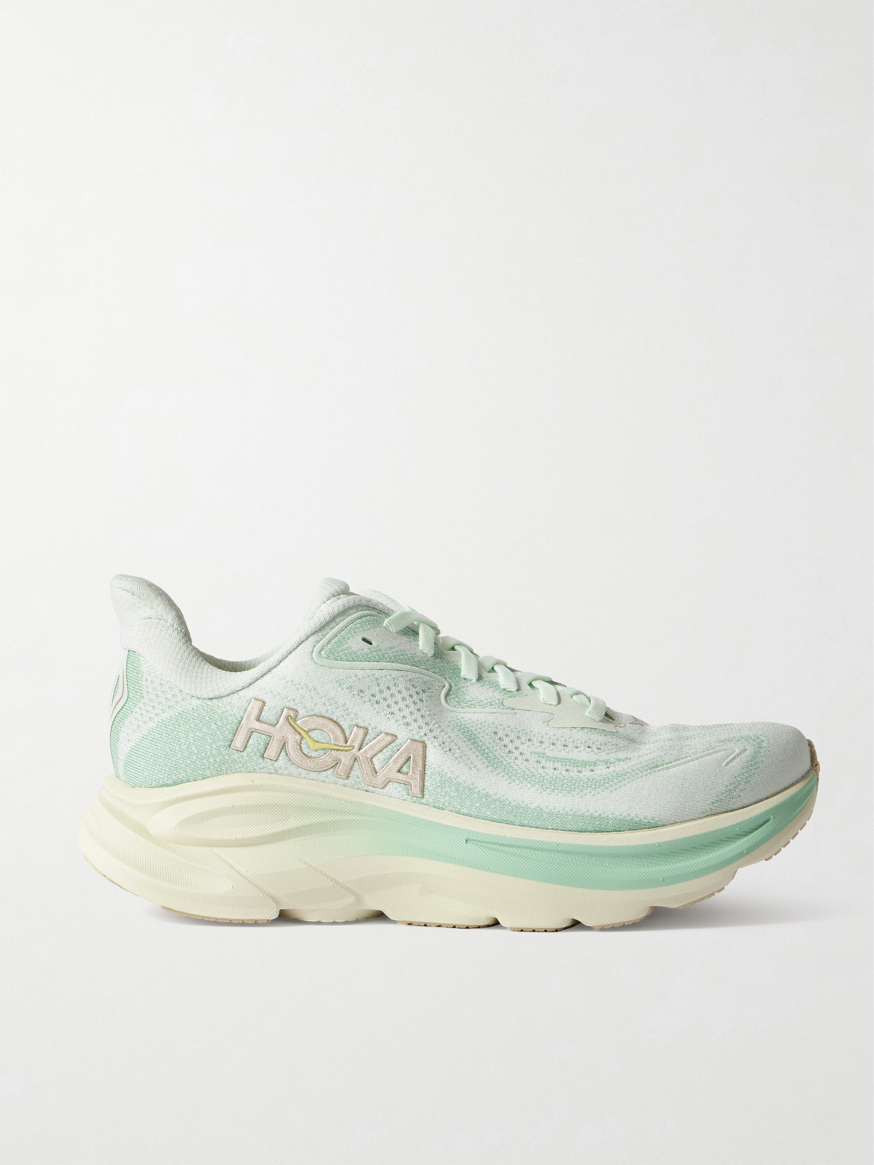 Hoka Clifton 10 Rubber-trimmed Jacquard-mesh Sneakers In Green