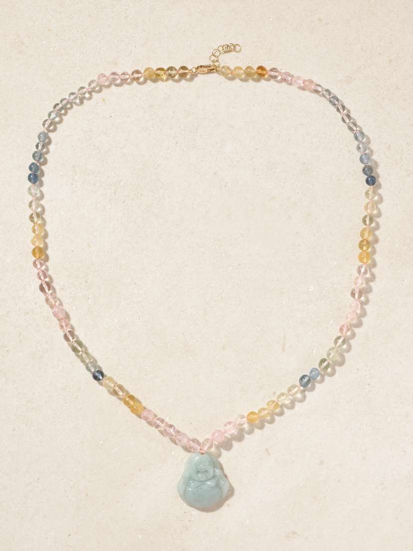 JIA JIA Happy Buddha 14-karat Gold, Morganite And Jade Necklace