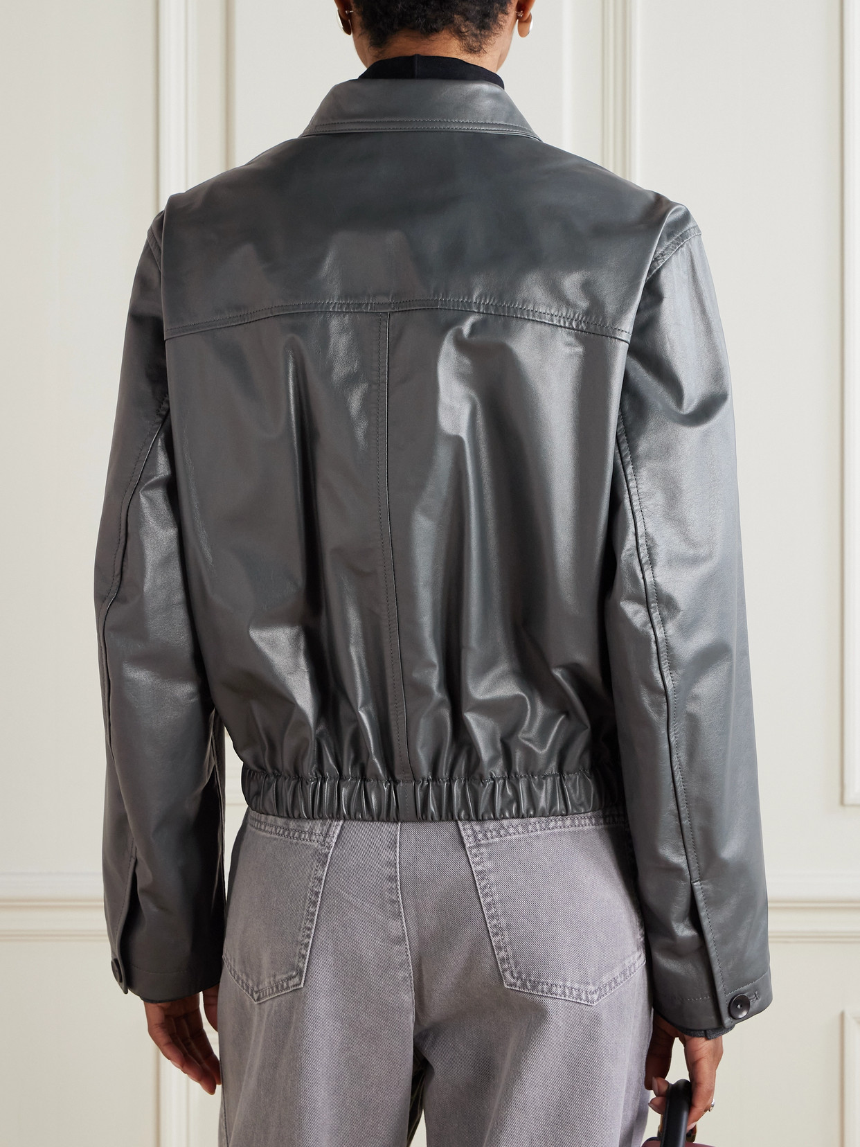 Lemaire Buttoned-up Elasticated Leather Jacket In Gray