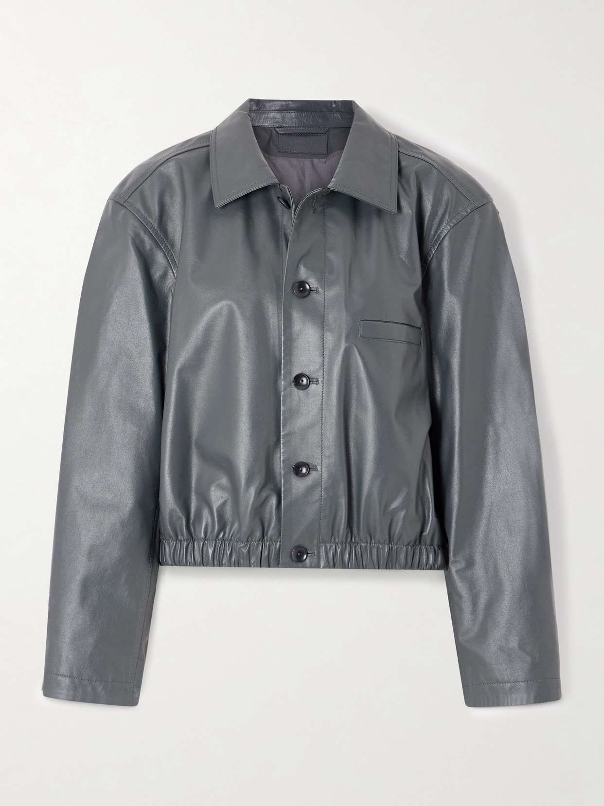 Lemaire Buttoned-up Elasticated Leather Jacket In Gray
