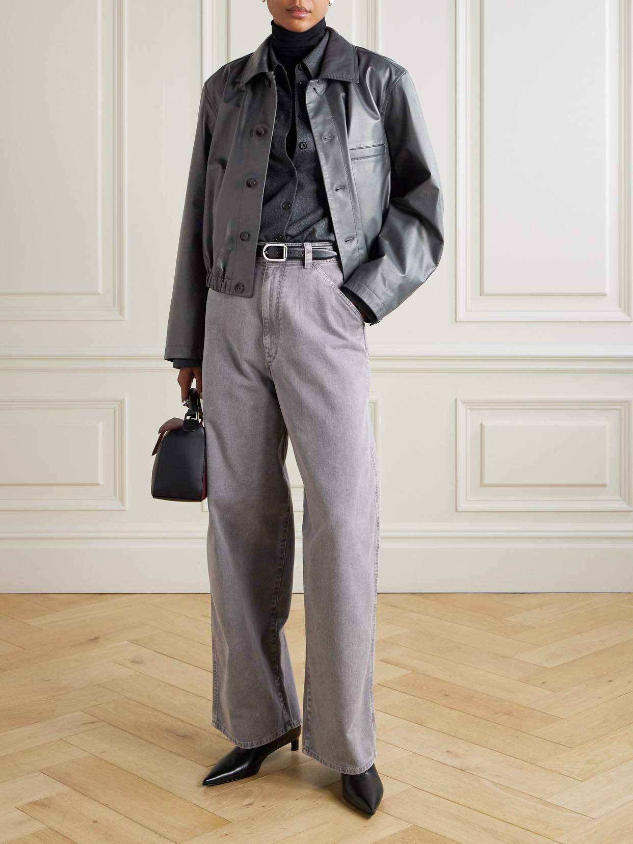 Lemaire Buttoned-up Elasticated Leather Jacket In Gray