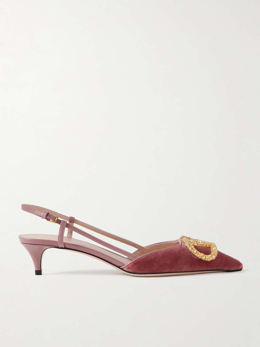 Valentino Garavani Vlogo 50 Leather-trimmed Embellished Velvet Slingback Pumps