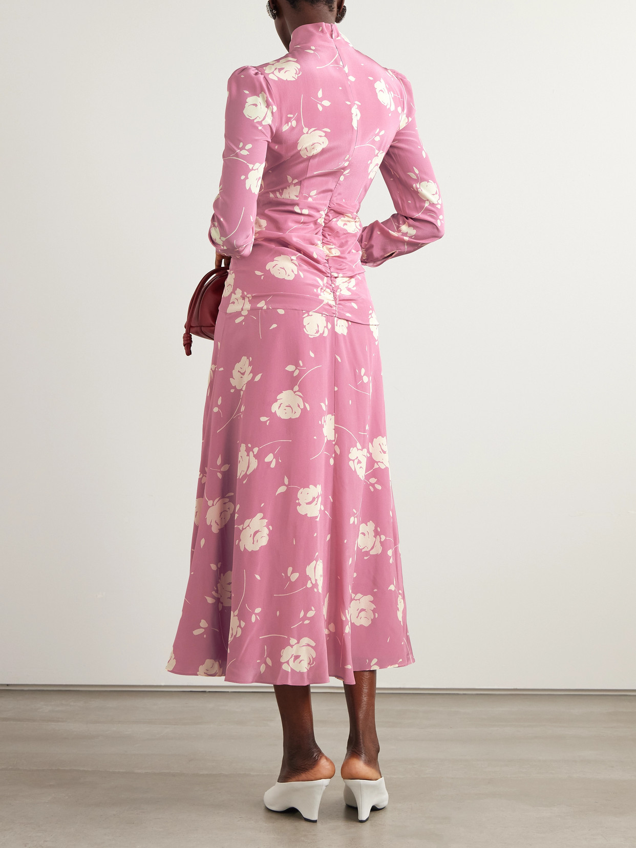 Alessandra Rich Bow-embellished Gathered Floral-print Silk-georgette Midi Dress In Pink