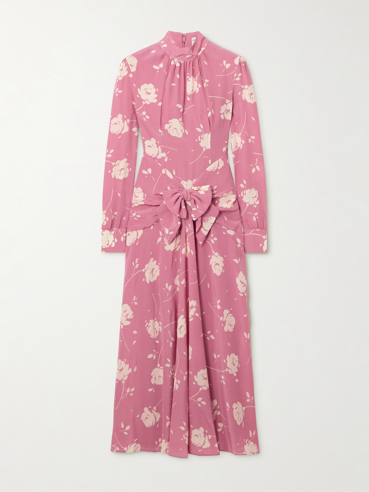 Alessandra Rich Bow-embellished Gathered Floral-print Silk-georgette Midi Dress In Pink