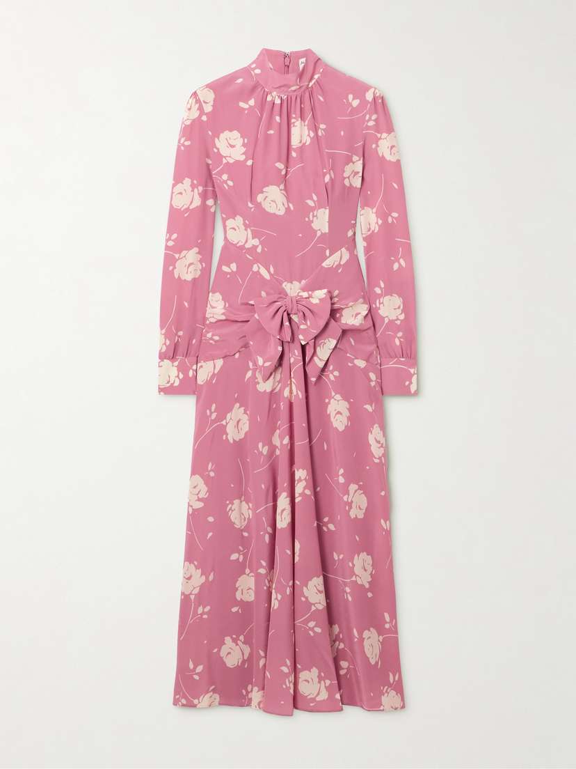 Alessandra Rich Bow-embellished Gathered Floral-print Silk-georgette Midi Dress